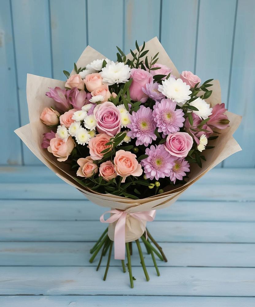 Букет цветов из: Хризантемы, Розы и Альстромерии в Новое Девяткино