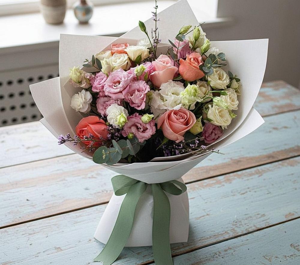 Букет цветов из: Розы, Лизиантусы и Гвоздики в Новое Девяткино