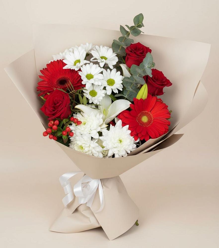 Букет цветов из: Розы, Хризантемы, Герберы и Лилии в Новое Девяткино