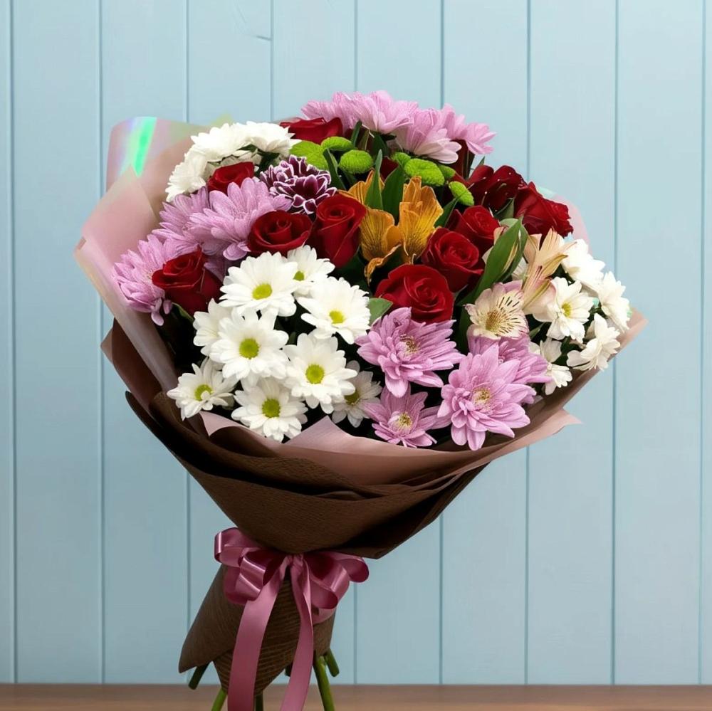 Букет цветов из: Розы, Хризантемы и Альстромерии в Новое Девяткино