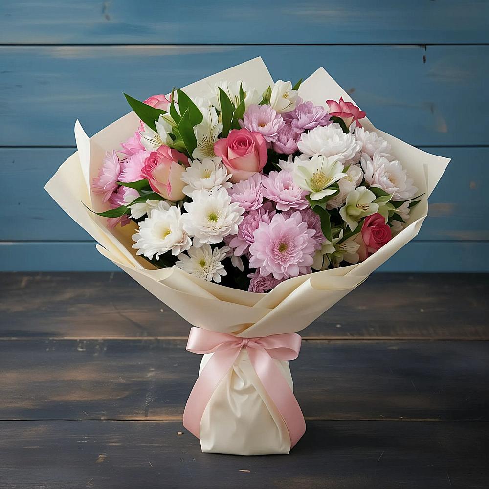 Букет цветов из: Хризантемы, Альстромерии и Розы в Новое Девяткино